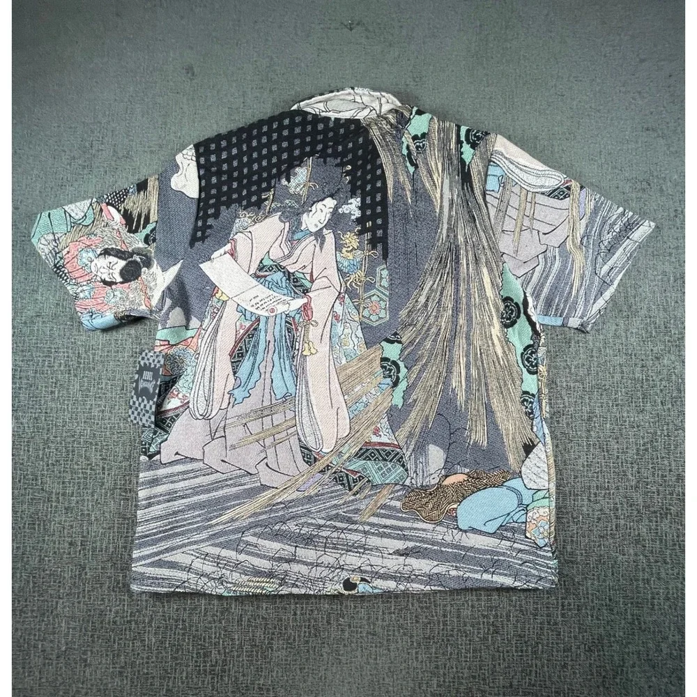 Rebel Vengeance Mens Samurai Skull Tapestry Shirt Short Sleeve Graphic Large